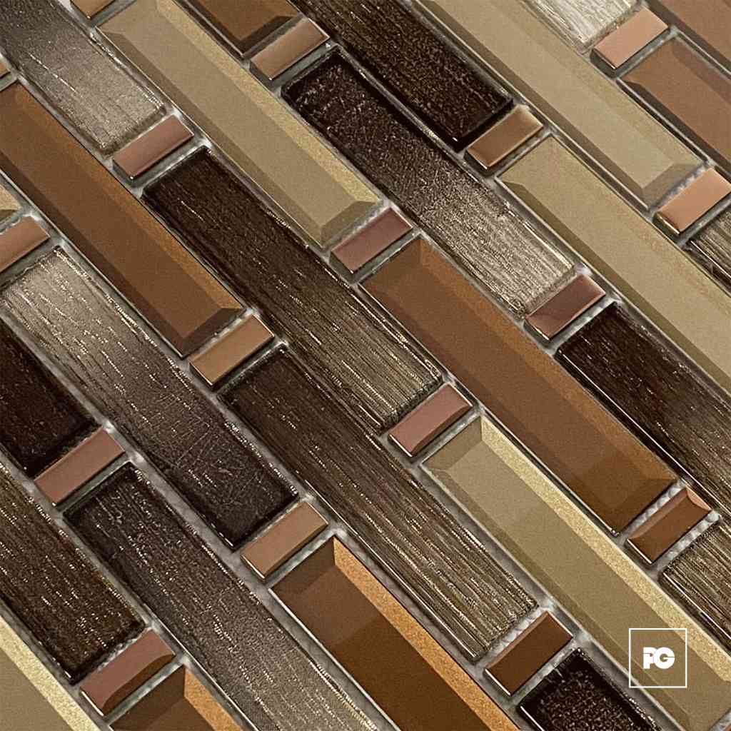 Close-up of diagonal brown and beige mosaic tiles with alternating rectangular and thin strips.
